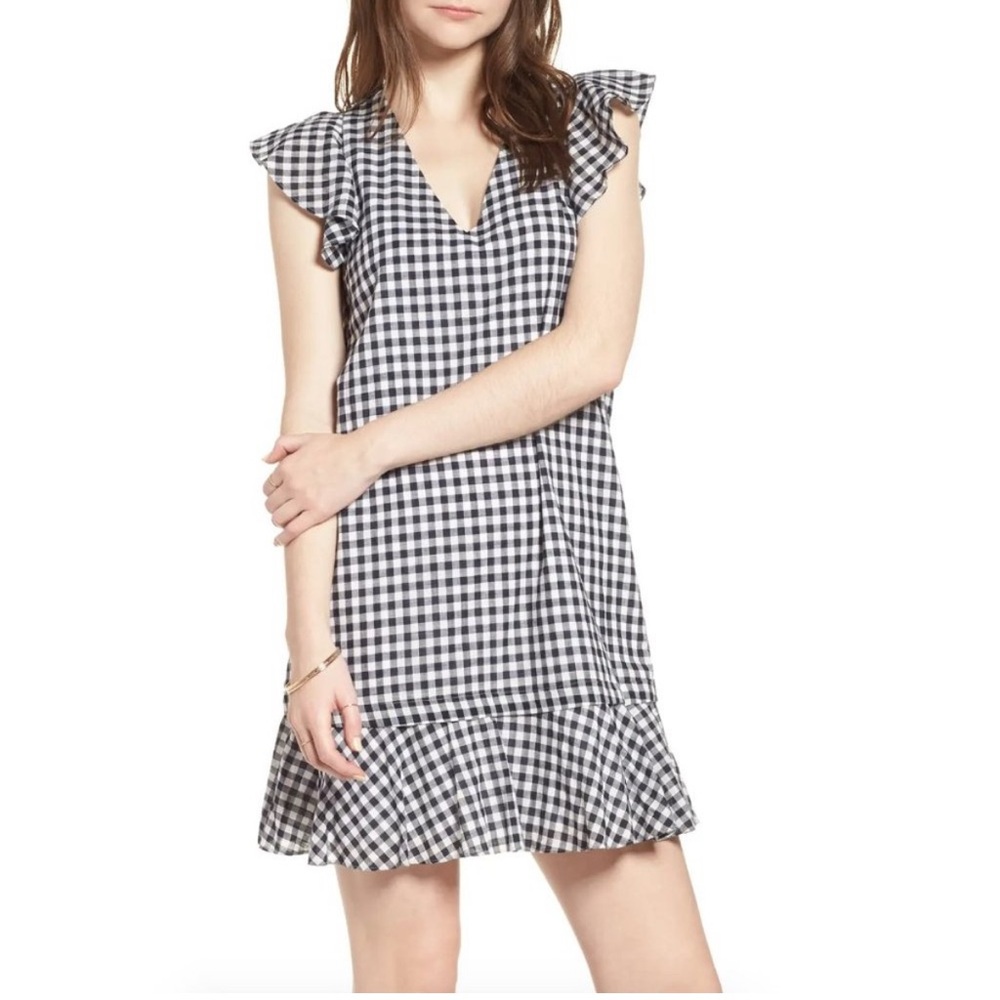 Madewell Gingham Plaid Print Flutter Sleeve Ruffle Mini Dress